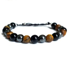 Pulsera triple protección; hematita, ojo de tigre y ónix