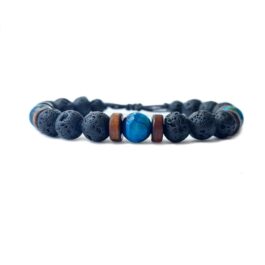 Pulsera triple protección; ojo de tigre azul, lava y sándalo