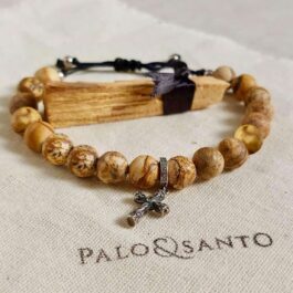 Pulsera piedra natural con jaspe paisaje y madera de sándalo y charm cruz de plata 925