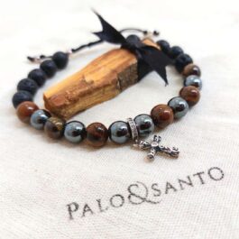 Pulsera piedra natural con hematita y ojo de tigre y charm cruz de plata 925