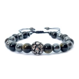 Pulsera con piedra natural obsidiana y charm calaveras de plata 925