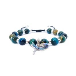 Pulsera con piedra natural ojo de tigre azul/turquesa y charm libélula en plata 925