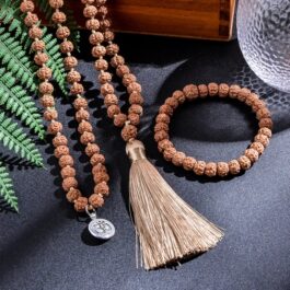 Japamala de Rudraksha 108 cuentas autenticas de 5 gajos + Pulsera