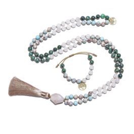 Japamala 108 cuentas + Pulsera, Jade Blanco, Jaspe Imperial, Turquesa Africana | Valentía – Evolución