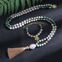 Japamala 108 cuentas + Pulsera, Jade Blanco, Jaspe Imperial, Turquesa Africana | Valentía – Evolución