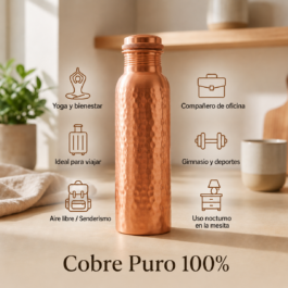 Botella de agua de cobre 1000ml, diseño ayurvédico, 100% puro, hecho a mano