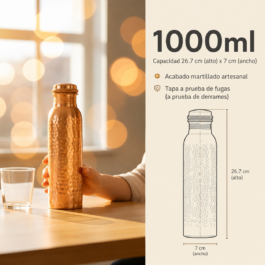 Botella de agua de cobre 1000ml, diseño ayurvédico, 100% puro, hecho a mano