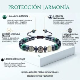 Pulsera Amuleto Protección | San Benito, Malaquita, Ónix, Hematita