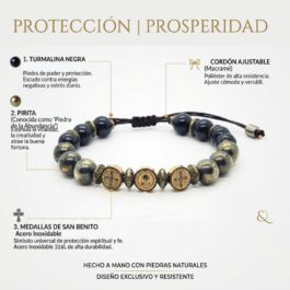 Pulsera Amuleto Protección | San Benito, Pirita, Turmalina Negra