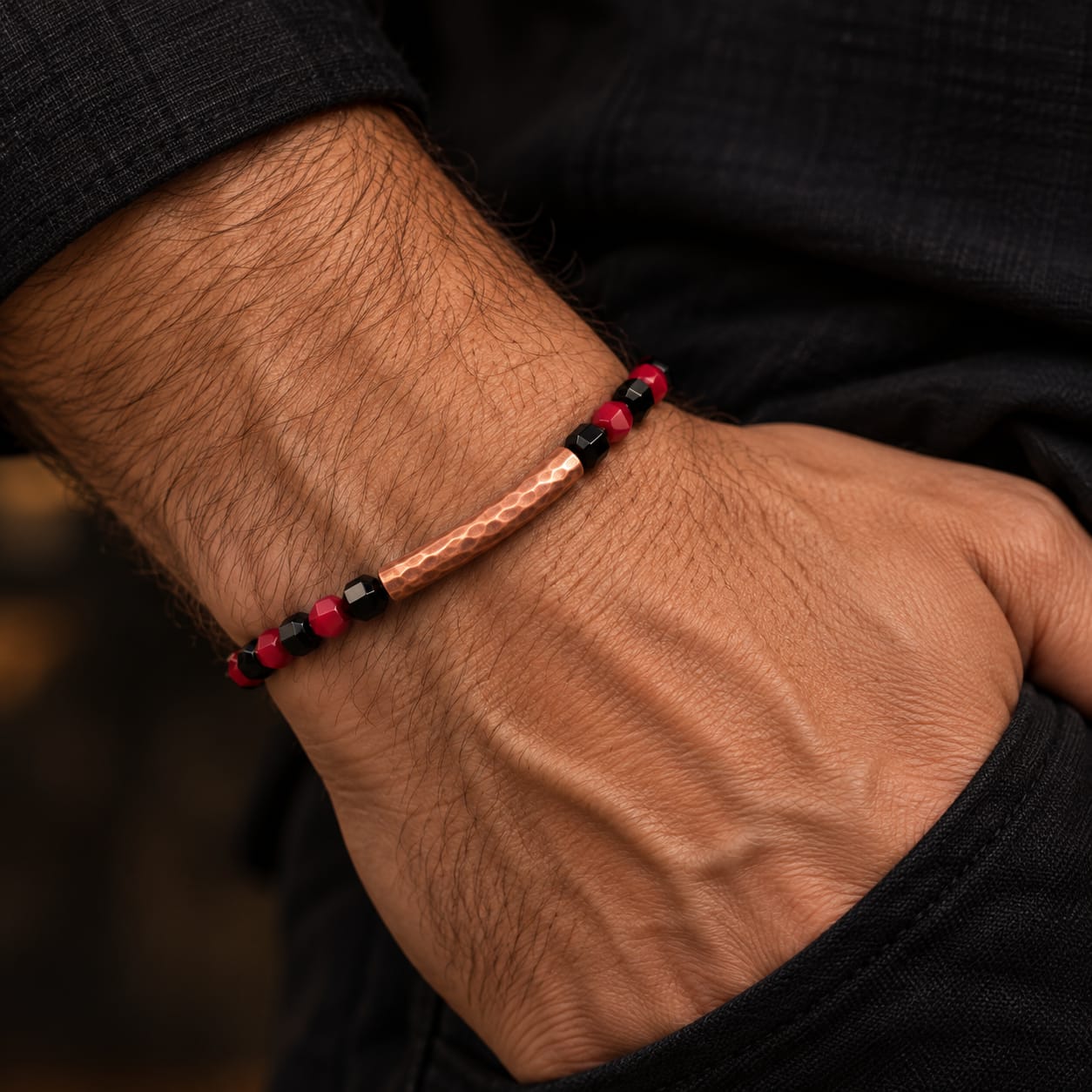 Pulsera Cobre | Ónix & Coral Rojo - Imagen 3